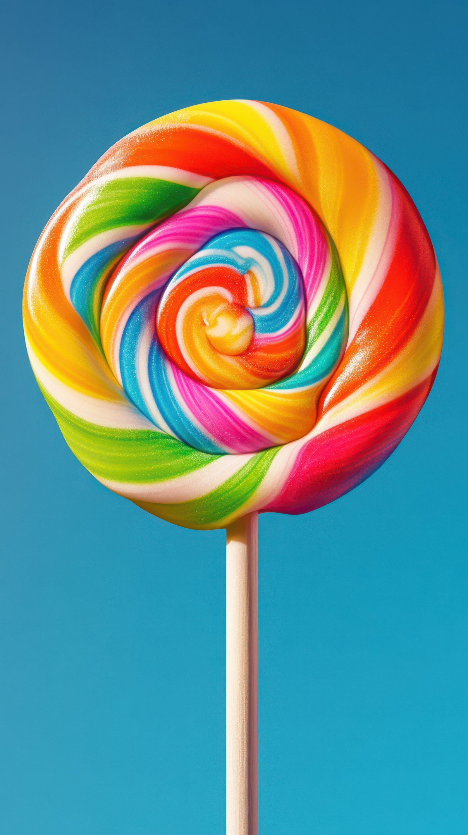 Colorful swirl lollipop against a bright blue sky creates a vibrant summer vibe